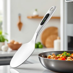 A spatula featuring an innovative oval-shaped handle, elegantly designed to include a built-in temperature sensor for efficient cooking