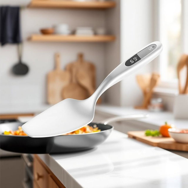 A spatula featuring an innovative oval-shaped handle, elegantly designed to include a built-in temperature sensor for efficient cooking