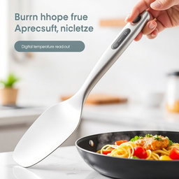 A spatula featuring an innovative oval-shaped handle, elegantly designed to include a built-in temperature sensor for efficient cooking