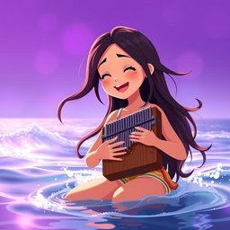 A vibrant animated scene featuring a girl joyfully playing a kalimba in the sea