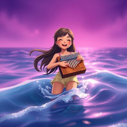 A vibrant animated scene featuring a girl joyfully playing a kalimba in the sea
