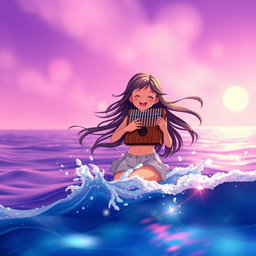 A vibrant animated scene featuring a girl joyfully playing a kalimba in the sea