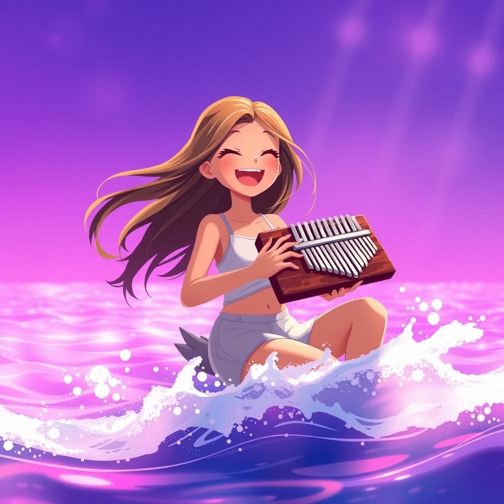 A vibrant animated scene featuring a girl joyfully playing a kalimba in the sea