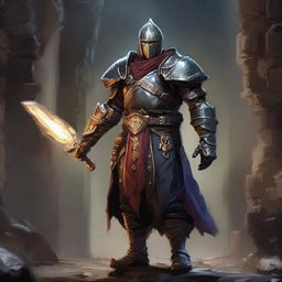 Create a fantastical character immersed in the world of Dungeons and Dragons, outfitted in heroic armor, holding magical items, standing sternly in a mysterious dungeon.