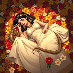 A beautifully solemn illustration of Cleopatra lying lifeless on a plush bed of colorful flowers, with petals of red, yellow, and white enveloping her