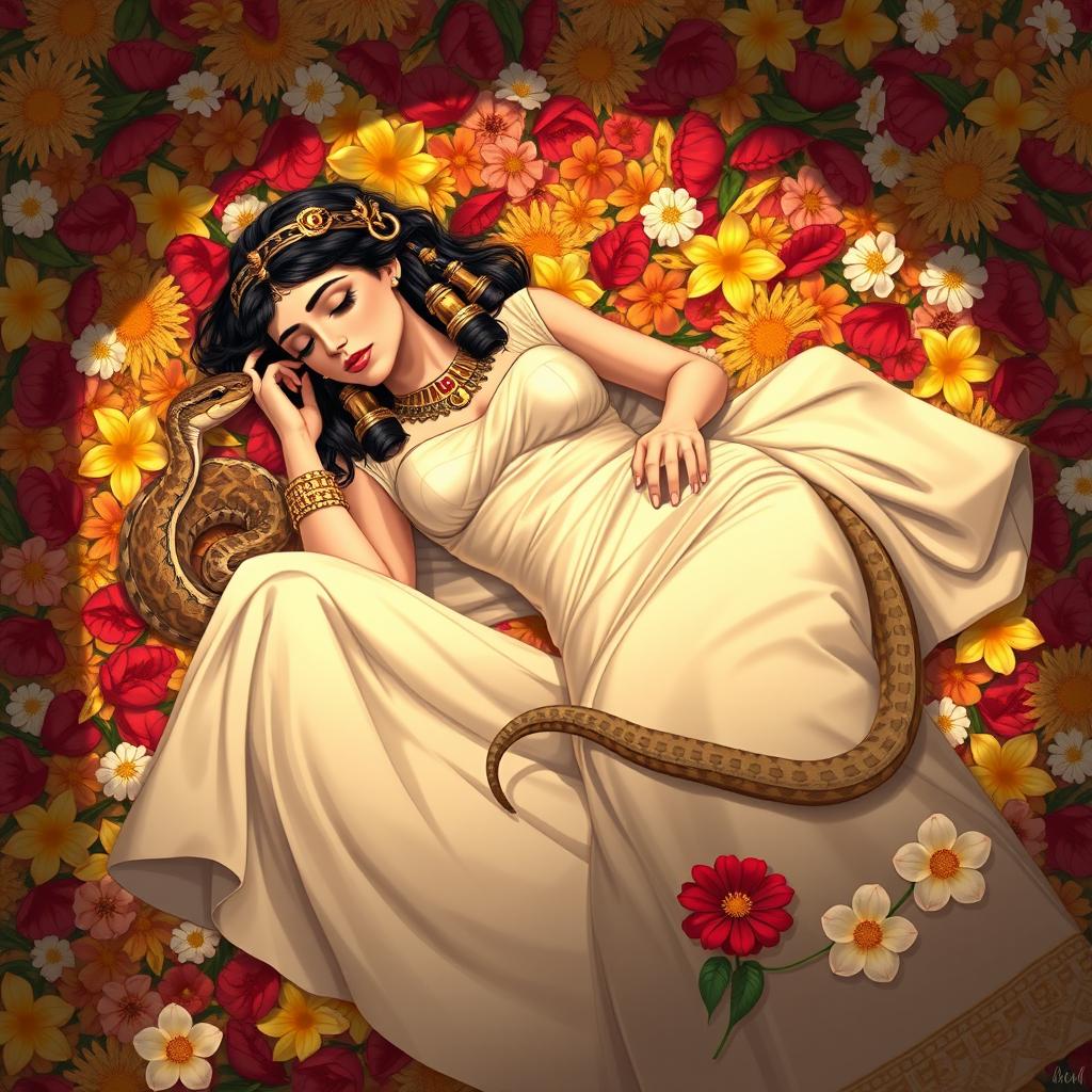 A beautifully solemn illustration of Cleopatra lying lifeless on a plush bed of colorful flowers, with petals of red, yellow, and white enveloping her