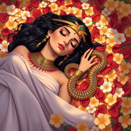 A beautifully solemn illustration of Cleopatra lying lifeless on a plush bed of colorful flowers, with petals of red, yellow, and white enveloping her