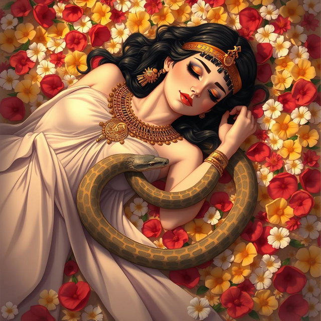 A beautifully solemn illustration of Cleopatra lying lifeless on a plush bed of colorful flowers, with petals of red, yellow, and white enveloping her