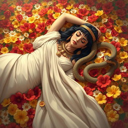 A beautifully solemn illustration of Cleopatra lying lifeless on a plush bed of colorful flowers, with petals of red, yellow, and white enveloping her