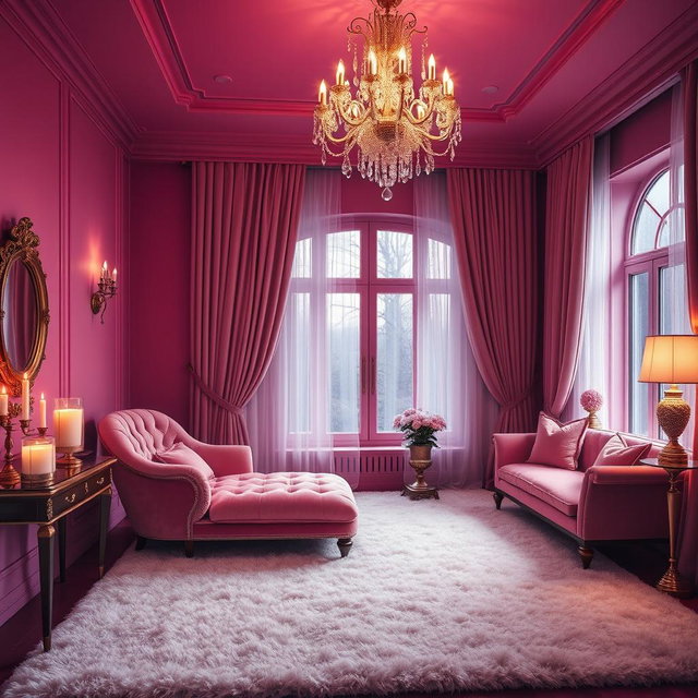 A luxurious pink room designed for night time, featuring deep shades of pink and soft, plush furnishings