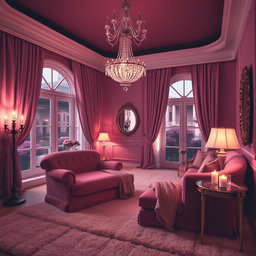 A luxurious pink room designed for night time, featuring deep shades of pink and soft, plush furnishings
