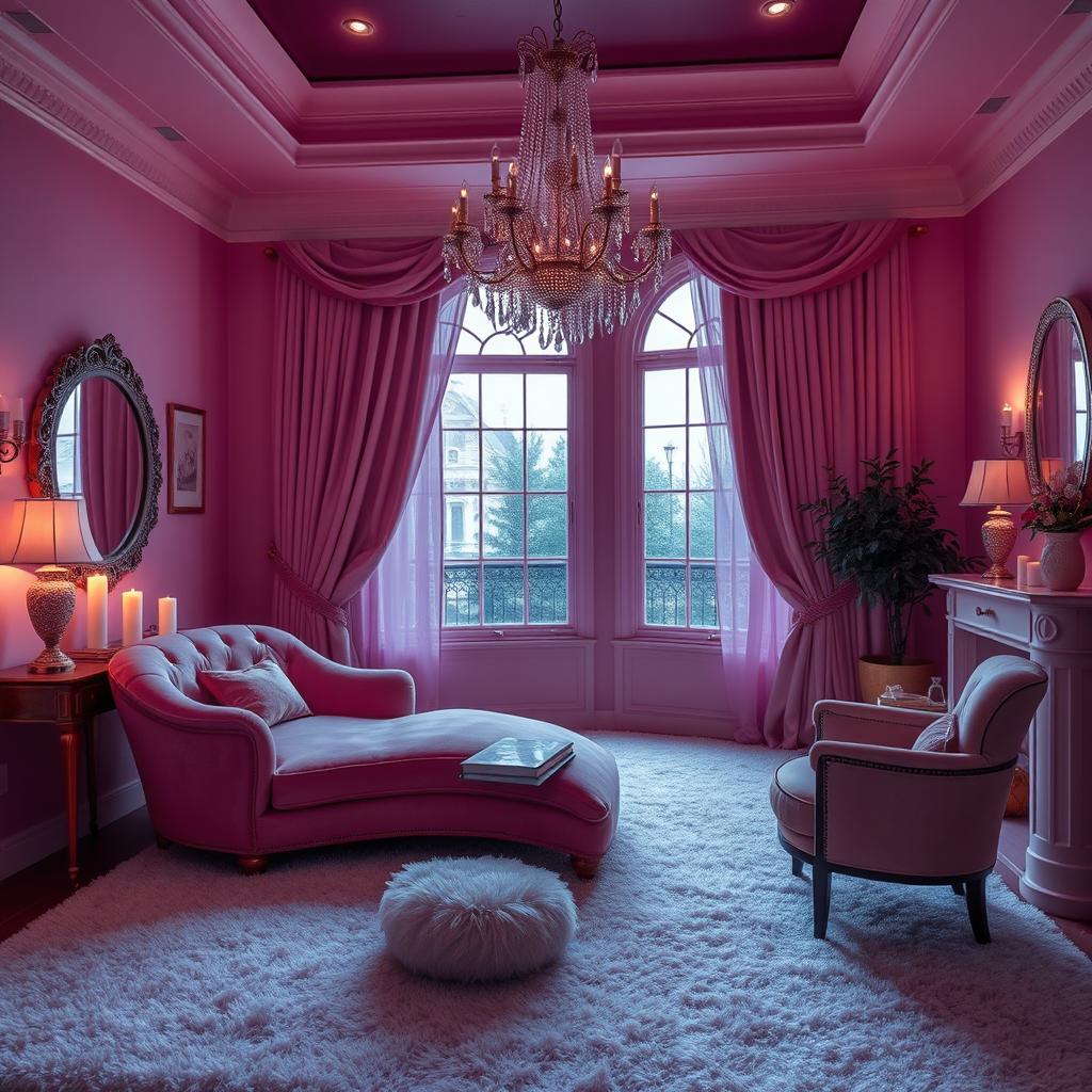 A luxurious pink room designed for night time, featuring deep shades of pink and soft, plush furnishings