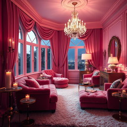 A luxurious pink room designed for night time, featuring deep shades of pink and soft, plush furnishings