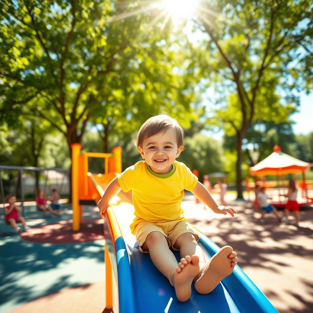 A bright and colorful playground scene with a young child joyfully playing on a slide