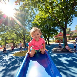 A bright and colorful playground scene with a young child joyfully playing on a slide