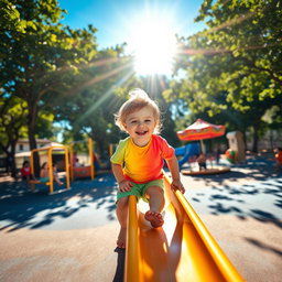 A bright and colorful playground scene with a young child joyfully playing on a slide