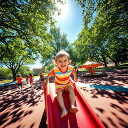 A bright and colorful playground scene with a young child joyfully playing on a slide