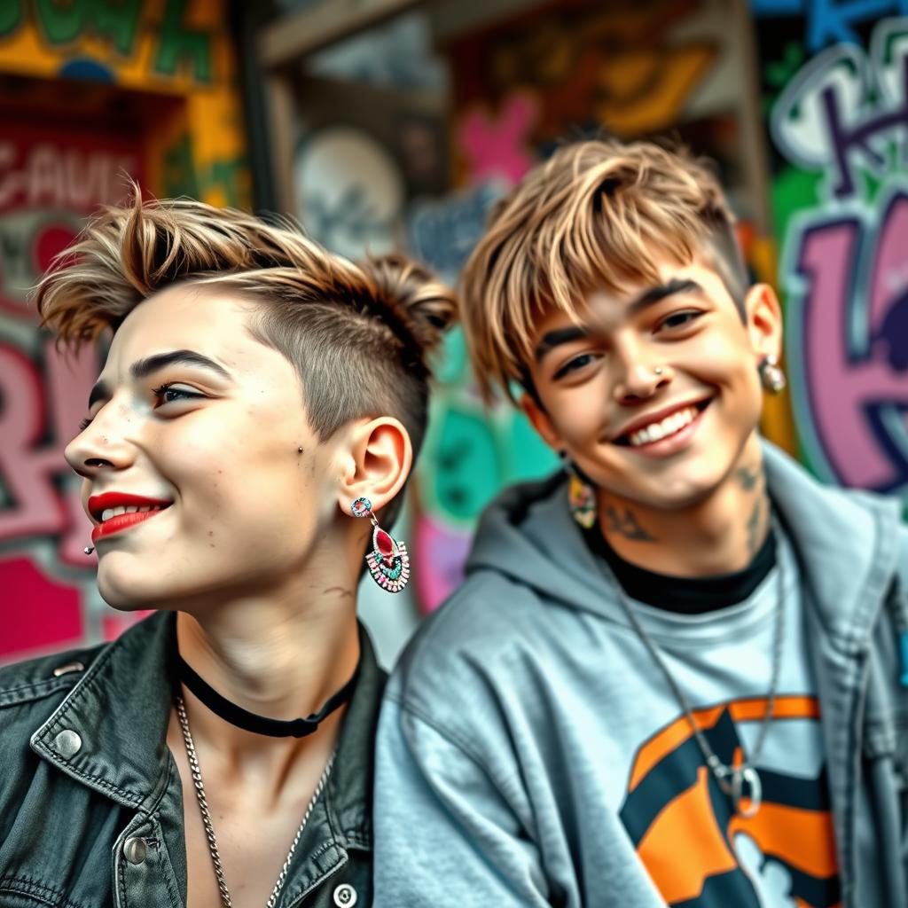 A stylish young couple expressing their individuality, featuring a boy and a girl with unique piercings