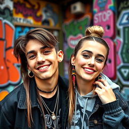 A stylish young couple expressing their individuality, featuring a boy and a girl with unique piercings