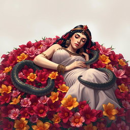 A somber yet beautiful illustration of Cleopatra lying lifeless on a lavish bed of colorful flowers, with vibrant petals of red, pink, and yellow covering her