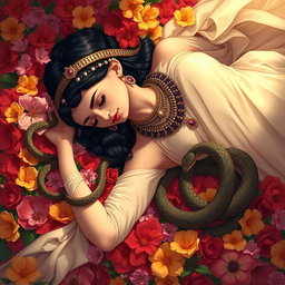 A somber yet beautiful illustration of Cleopatra lying lifeless on a lavish bed of colorful flowers, with vibrant petals of red, pink, and yellow covering her