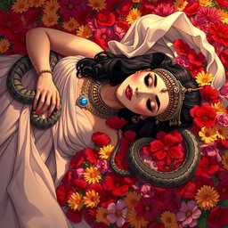 A somber yet beautiful illustration of Cleopatra lying lifeless on a lavish bed of colorful flowers, with vibrant petals of red, pink, and yellow covering her