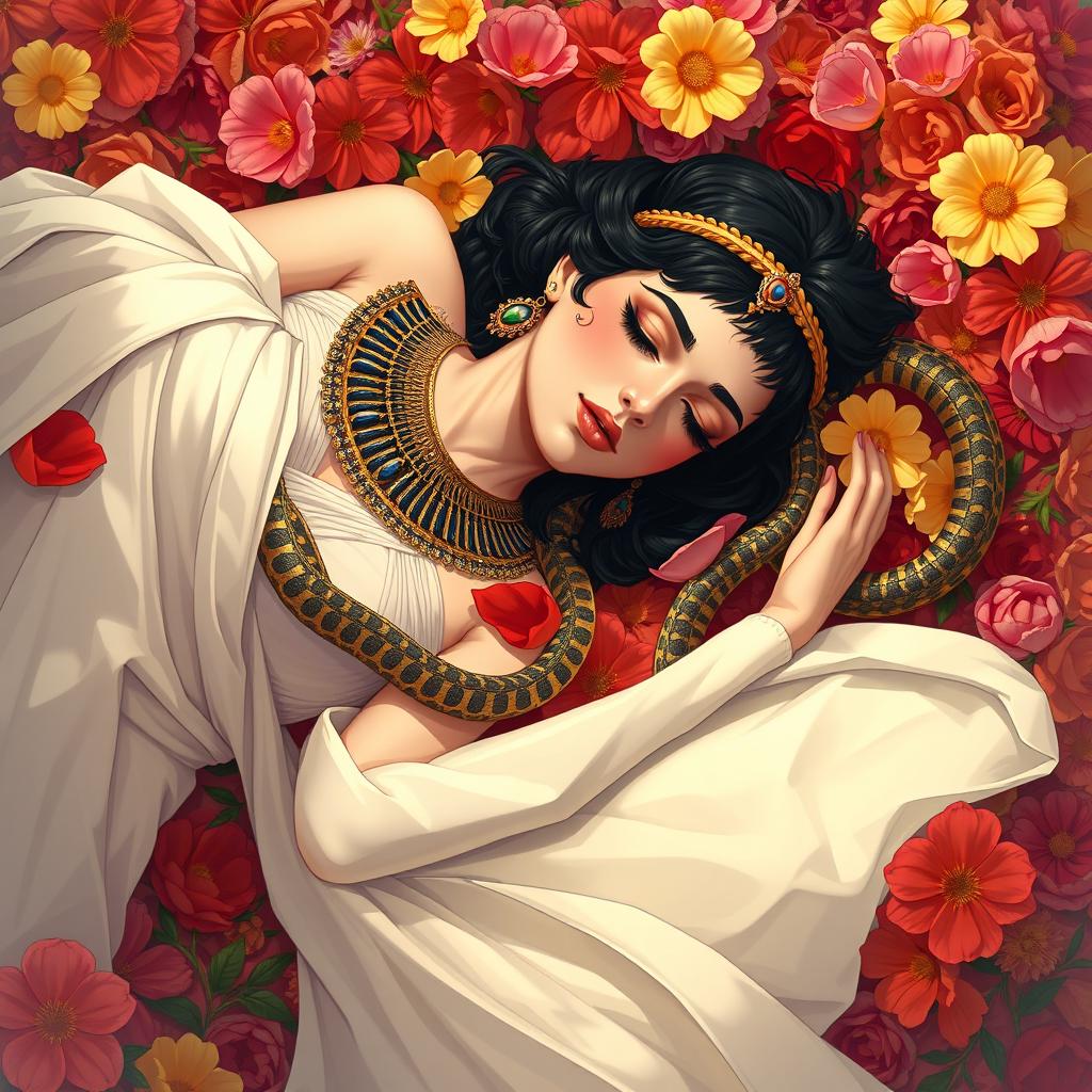 A somber yet beautiful illustration of Cleopatra lying lifeless on a lavish bed of colorful flowers, with vibrant petals of red, pink, and yellow covering her