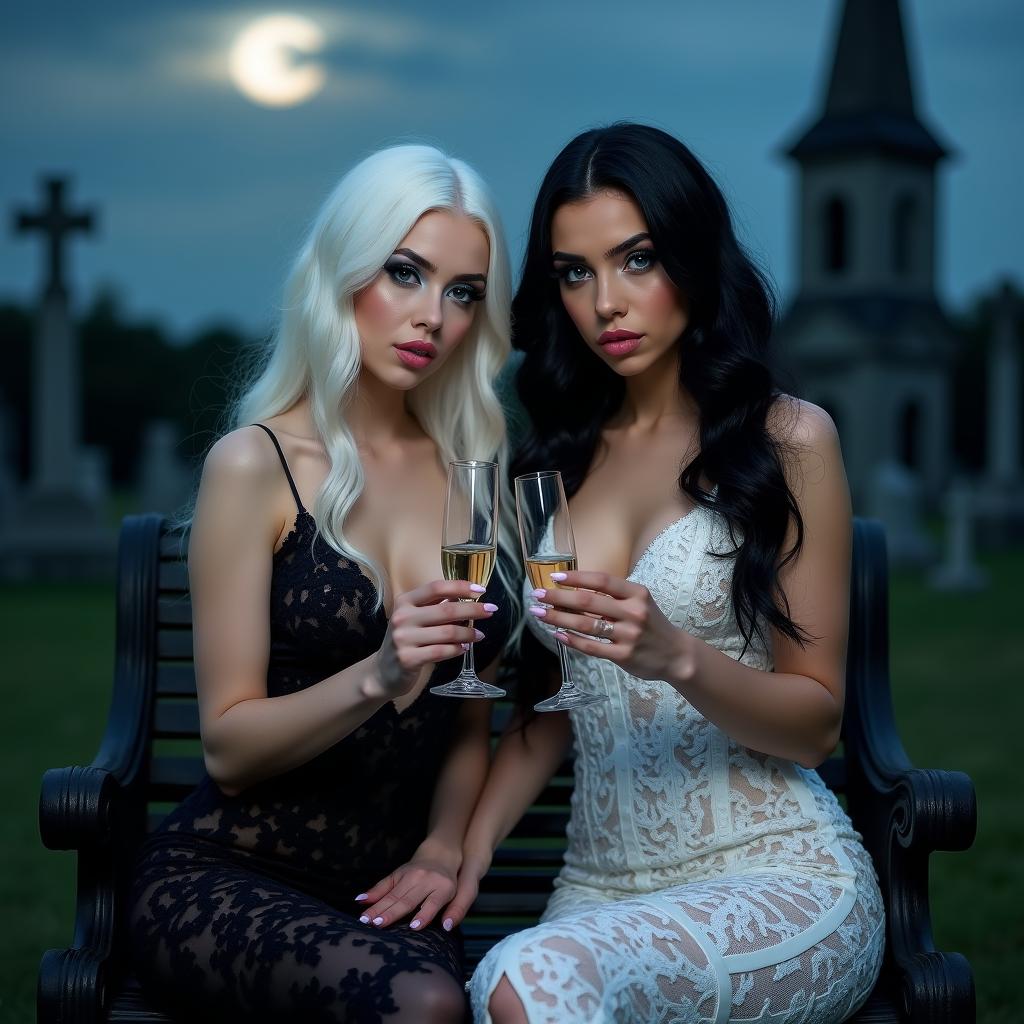 A very beautiful, attractive, stunning, curvy young woman with half white and half black hair, dressed in a tight low-cut black lace gown