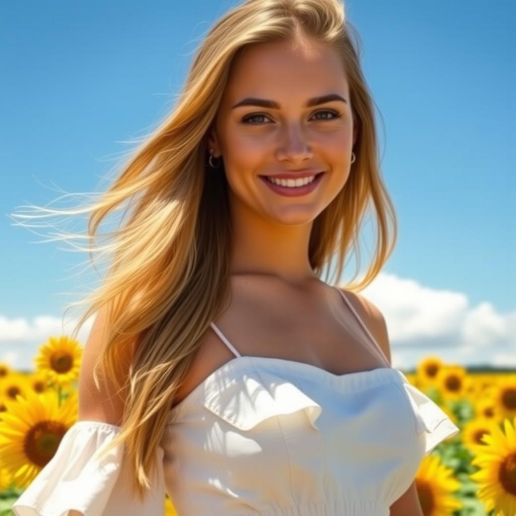 A portrait of a woman with long flowing hair, wearing a stylish summer dress under a bright blue sky