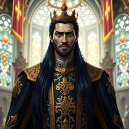 A tall king with long black hair, wearing a regal outfit adorned with intricate gold patterns