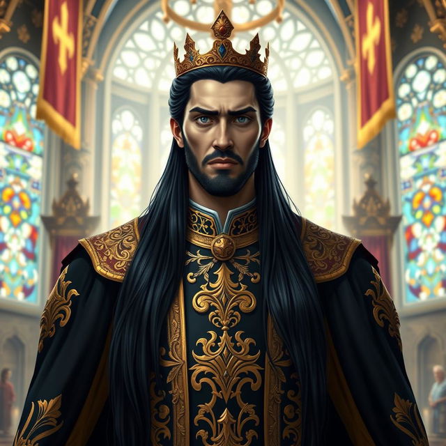 A tall king with long black hair, wearing a regal outfit adorned with intricate gold patterns