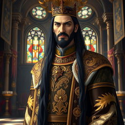 A tall king with long black hair, wearing a regal outfit adorned with intricate gold patterns