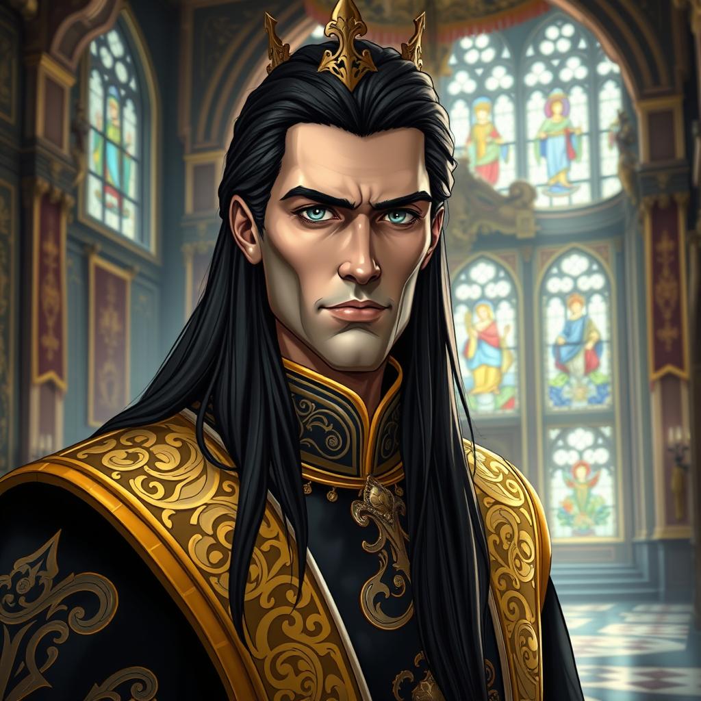 A tall king with long black hair, wearing a regal outfit adorned with intricate gold patterns