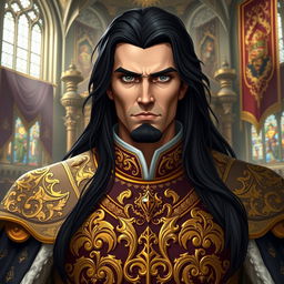 A tall king with long black hair, wearing a regal outfit adorned with intricate gold patterns
