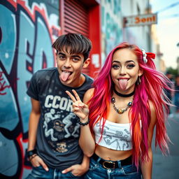 A vibrant and edgy scene featuring a young couple, a boy and a girl, both with tongue piercings