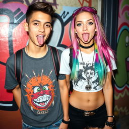 A vibrant and edgy scene featuring a young couple, a boy and a girl, both with tongue piercings