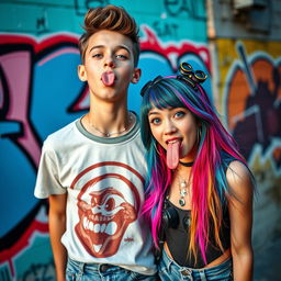A vibrant and edgy scene featuring a young couple, a boy and a girl, both with tongue piercings