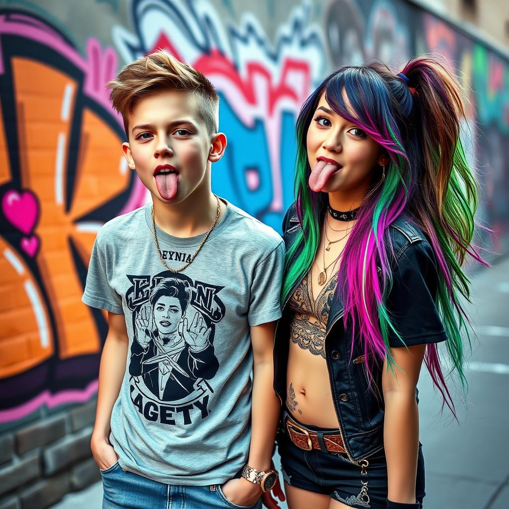 A vibrant and edgy scene featuring a young couple, a boy and a girl, both with tongue piercings
