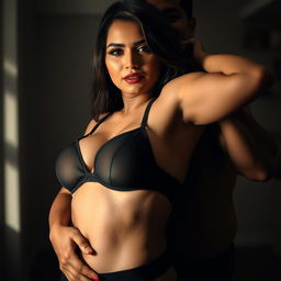 A sensual scene featuring a voluptuous Indonesian woman in her 30s, exuding confidence and attractiveness