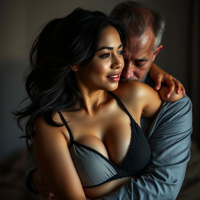 A sensual scene featuring a voluptuous Indonesian woman in her 30s, exuding confidence and attractiveness