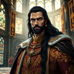 A tall and handsome king with long black hair, exuding charisma and charm