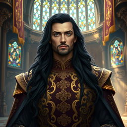A tall and handsome king with long black hair, exuding charisma and charm