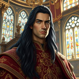 A tall and handsome king with long black hair, exuding charisma and charm