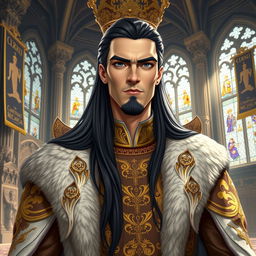 A tall and handsome king with long black hair, exuding charisma and charm