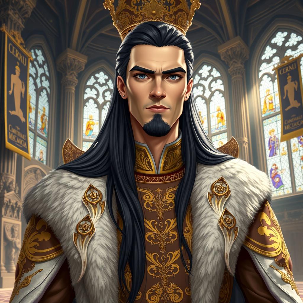 A tall and handsome king with long black hair, exuding charisma and charm