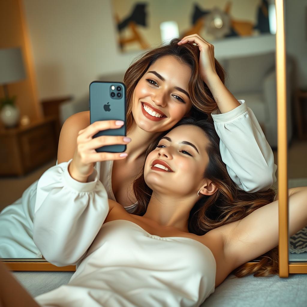 A young woman lying on her back, elegantly posed, looking at her reflection in a large mirror