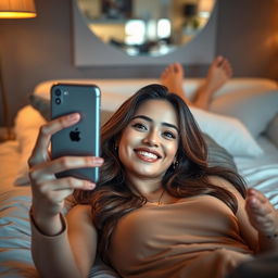 A young woman lying on her back, elegantly posed, looking at her reflection in a large mirror