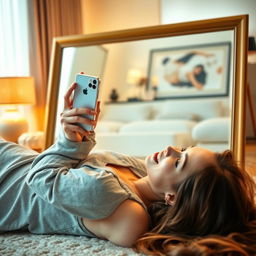 A young woman lying on her back, elegantly posed, looking at her reflection in a large mirror