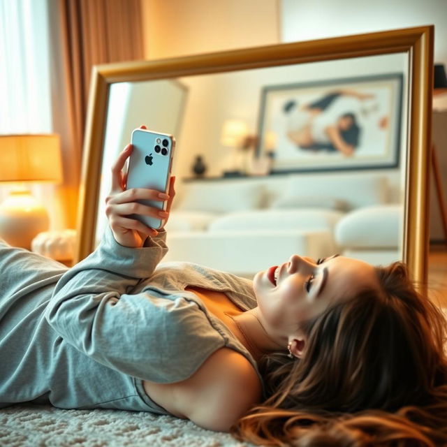 A young woman lying on her back, elegantly posed, looking at her reflection in a large mirror