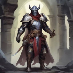 Create a fantastical character immersed in the world of Dungeons and Dragons, outfitted in heroic armor, holding magical items, standing sternly in a mysterious dungeon.